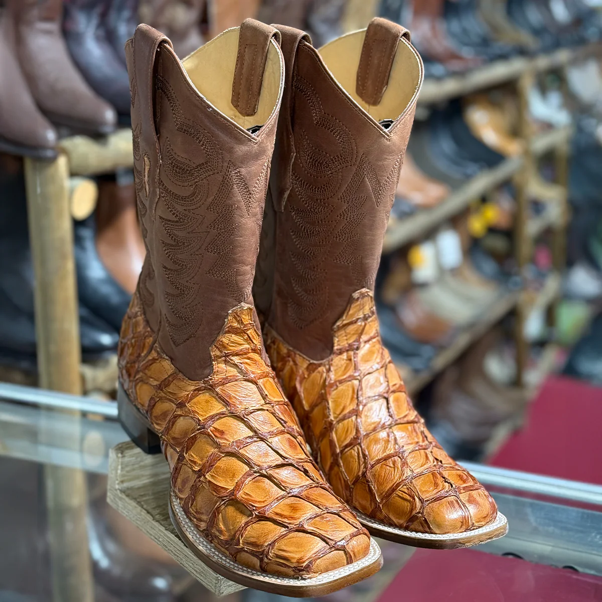 Los Altos Cognac Pirarucu Fish Square Toe Boots - Image 3